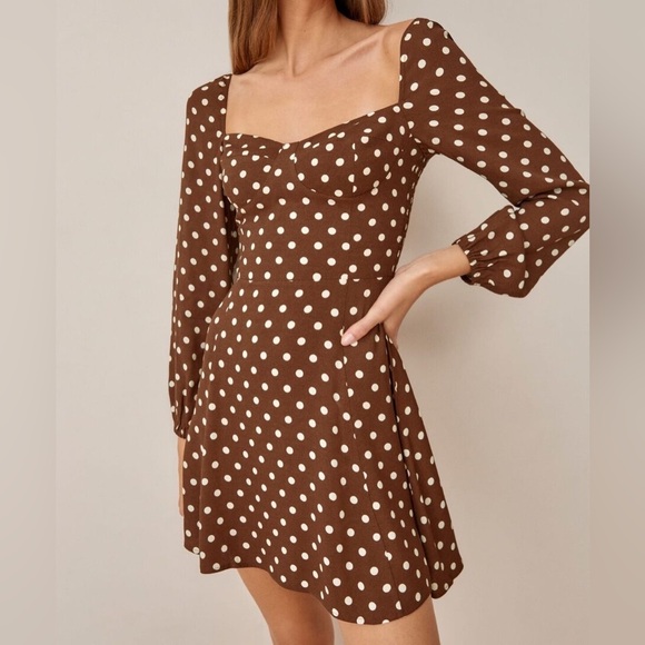 Reformation Mochi Brown Polka Dot Long Sleeve Mini Dress - Picture 1 of 7